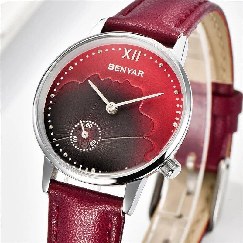 New Red Women Fashion Watch Quartz Luxury Leather Strap Analog Waterproof And Scratch Resistant Watches Excellent Gift For Women