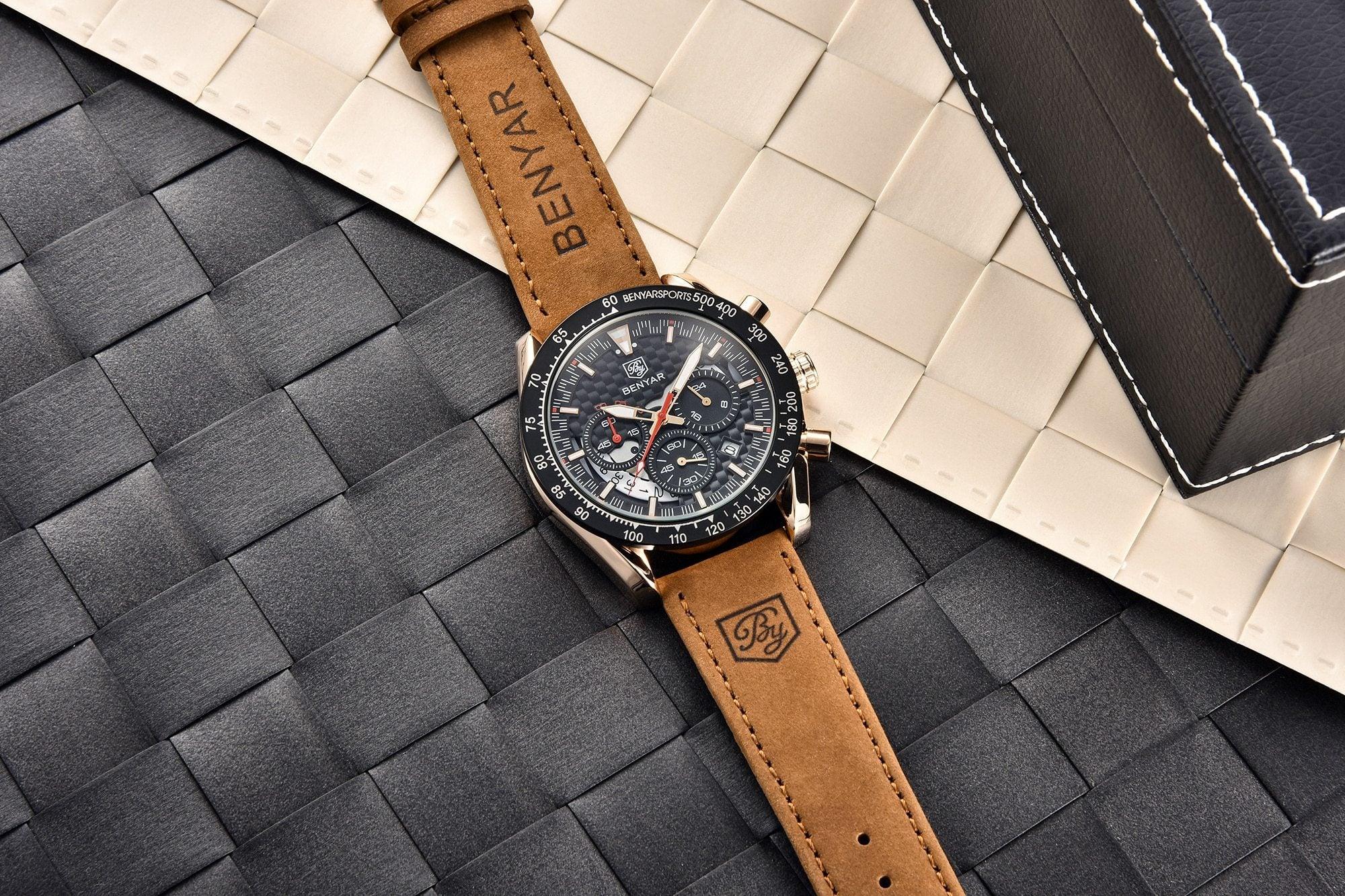 New Men Luxury Watches Leather Strap Waterproof Sport Quartz Chronograph Military Watch Men Clock