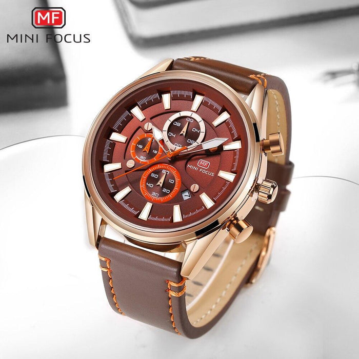 Brown Luxury Mens Watches Strong Leather Strap Modern Design Waterproof Multifunctional Business Wrist Watch