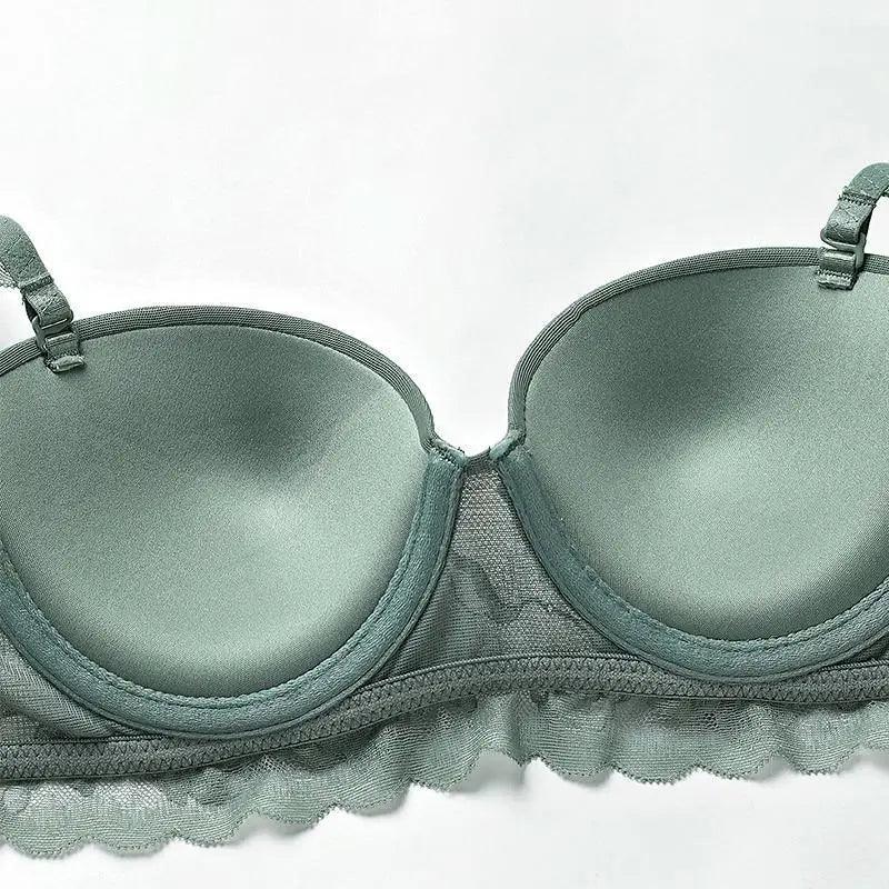 Sizzling Strapless Bra Push Up Padded Cup Underwire Ruffle Straps Lace Trim Sage Green Women's Underwear Set - ALLURELATION - - Stevvex.com