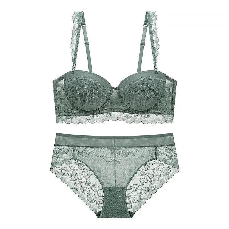 Sizzling Strapless Bra Push Up Padded Cup Underwire Ruffle Straps Lace Trim Sage Green Women's Underwear Set - ALLURELATION - - Stevvex.com