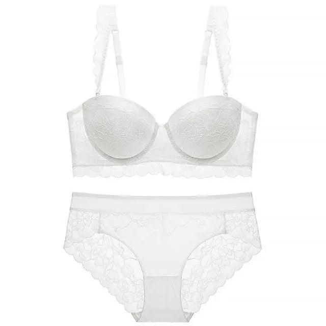 Sizzling Strapless Bra Push Up Padded Cup Underwire Ruffle Straps Lace Trim Sage Green Women's Underwear Set - ALLURELATION - - Stevvex.com