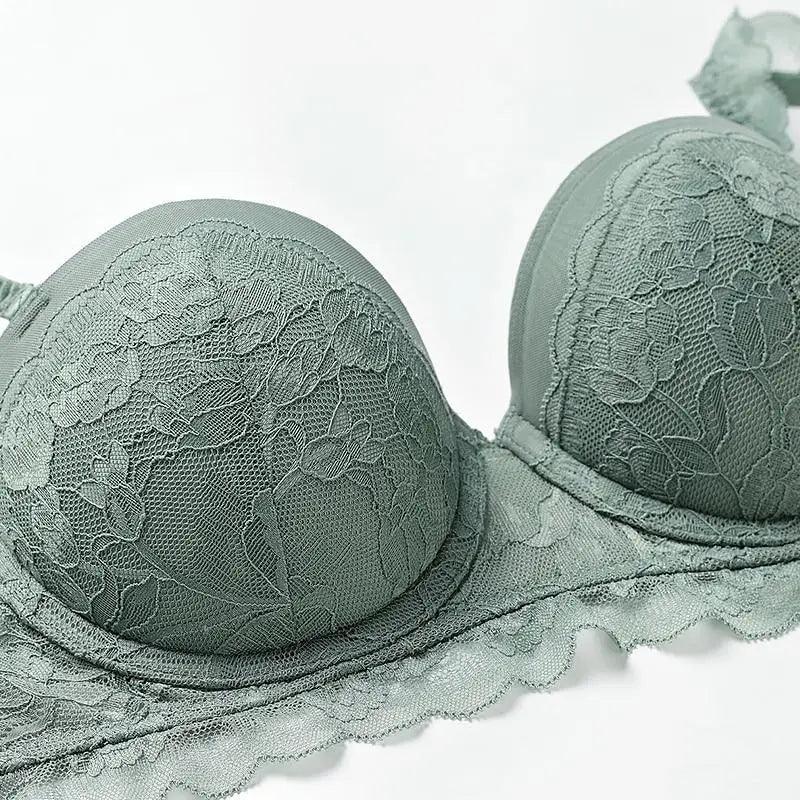 Sizzling Strapless Bra Push Up Padded Cup Underwire Ruffle Straps Lace Trim Sage Green Women's Underwear Set - ALLURELATION - - Stevvex.com
