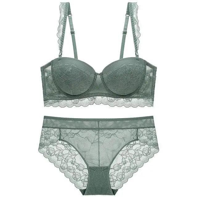 Sizzling Strapless Bra Push Up Padded Cup Underwire Ruffle Straps Lace Trim Sage Green Women's Underwear Set - ALLURELATION - - Stevvex.com