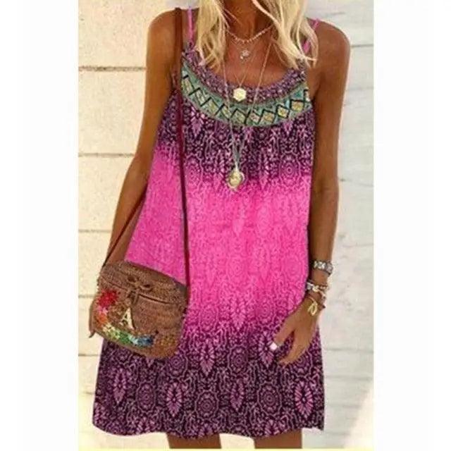 Summer Bohemian Dress Women Vintage Printed Spaghetti Strap Sundress Lady Casual Loose Sleeveless Mini Vestidos Beach Dress 2021 - Stevvex - - Stevvex.com