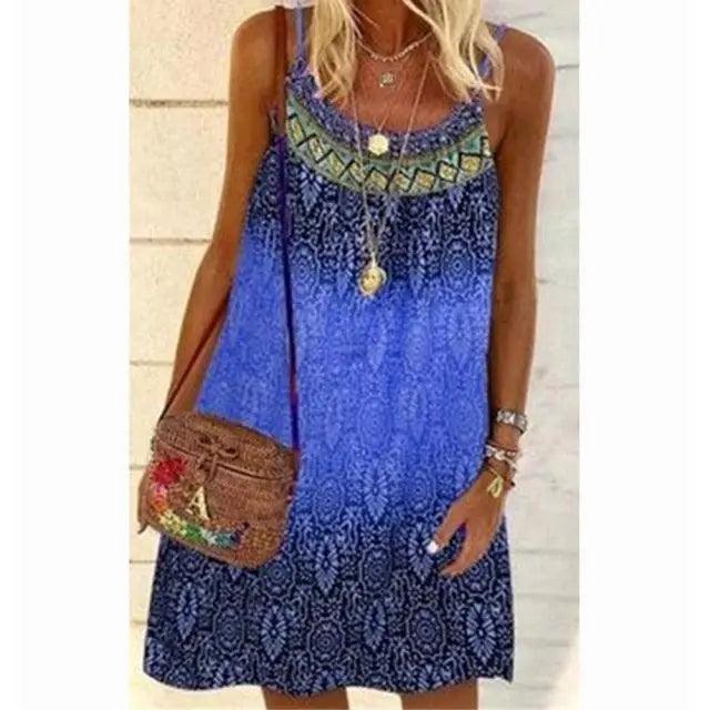 Summer Bohemian Dress Women Vintage Printed Spaghetti Strap Sundress Lady Casual Loose Sleeveless Mini Vestidos Beach Dress 2021 - Stevvex - - Stevvex.com