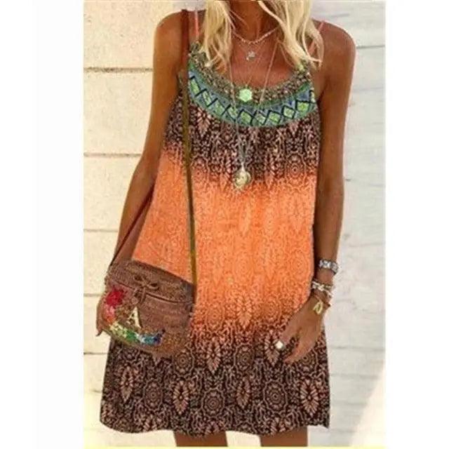 Summer Bohemian Dress Women Vintage Printed Spaghetti Strap Sundress Lady Casual Loose Sleeveless Mini Vestidos Beach Dress 2021 - Stevvex - - Stevvex.com