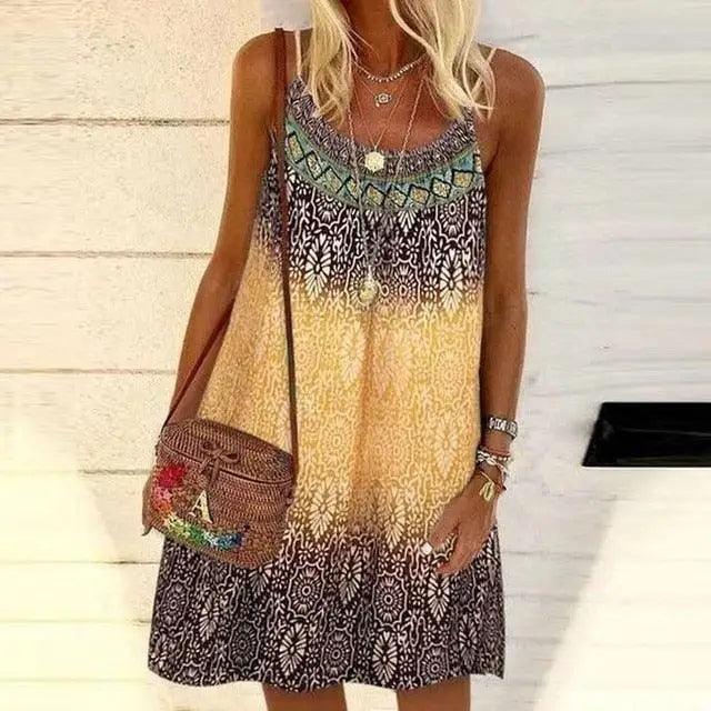 Summer Bohemian Dress Women Vintage Printed Spaghetti Strap Sundress Lady Casual Loose Sleeveless Mini Vestidos Beach Dress 2021 - Stevvex - - Stevvex.com