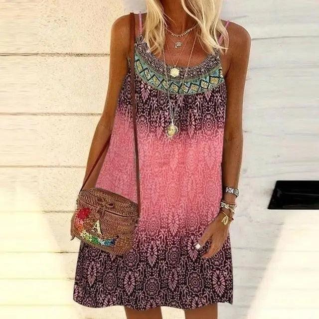 Summer Bohemian Dress Women Vintage Printed Spaghetti Strap Sundress Lady Casual Loose Sleeveless Mini Vestidos Beach Dress 2021 - Stevvex - - Stevvex.com