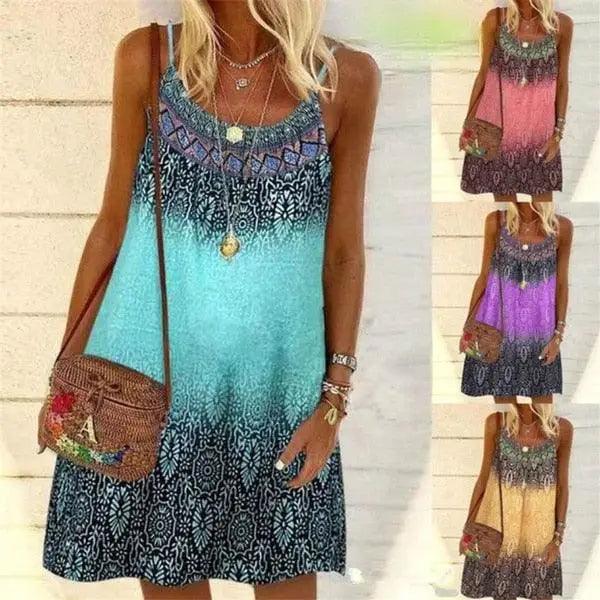 Summer Bohemian Dress Women Vintage Printed Spaghetti Strap Sundress Lady Casual Loose Sleeveless Mini Vestidos Beach Dress 2021 - Stevvex - - Stevvex.com