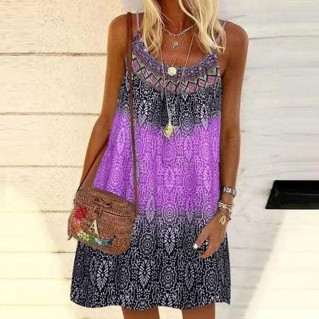 Summer Bohemian Dress Women Vintage Printed Spaghetti Strap Sundress Lady Casual Loose Sleeveless Mini Vestidos Beach Dress 2021 - Stevvex - - Stevvex.com