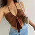 Vintage Brown Ladies Crop Top Luxury Women Summer Backless Tops Tees Girls Fashion Party Clothes Basic Bow Tie Crop Top - STEVVEX Fashion - 755, Backless Tops Tees, brown crop top, brown Tops Tees, clothes, clothes for women, crop top, crop tops, modern clothes, party clothes, pink crop top, red crop top, summer crop top, summer top tees, Tops Tees, women clothes - Stevvex.com