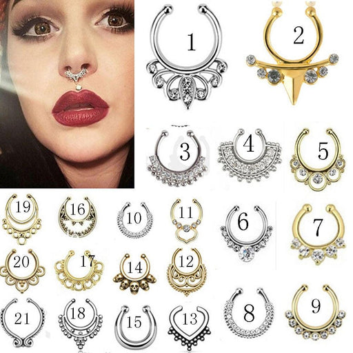 1 Pcs Stainless Steel Fake Nose Ring Clip On Septum Piercing Faux Hoop Nose Ring Nose Punk Body Cartilage Tragus Ring Body Jewelry Fake Crystal Nose Piercing Body Jewelry Floral Nose Hoop Nostril Nose Ring Piercing Jewelry