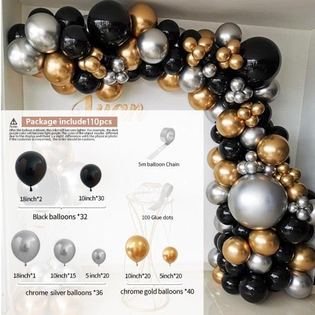 110pcs Black Gold Metallic Silver Classic Color Balloons Set For Wedding Birthday Party Decoration Shower Parties and Birthday Party - STEVVEX Balloons - 110pcs balloons, 90, anniversery balloons, balloon, balloons, Balloons for party, Birthday Balloons, birthday theme balloons, black gold balloons, black print balloons, bridal shower balloons, chrome gold balloons, Colorful Balloons, Cute Balloons, engagement party balloons - Stevvex.com