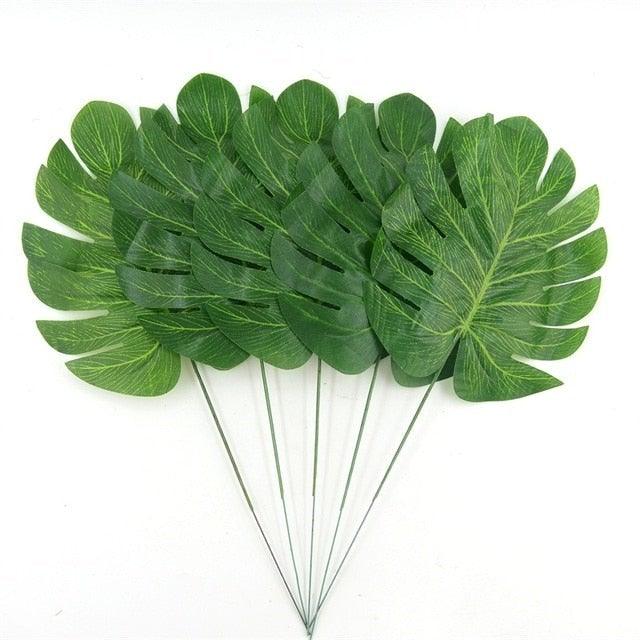 12Pcs 2Kind Large Artificial Fake Monstera Palm Leaves Green Plastic Leaf Wedding Decoration Cheap Flowers Leaves Home Decor