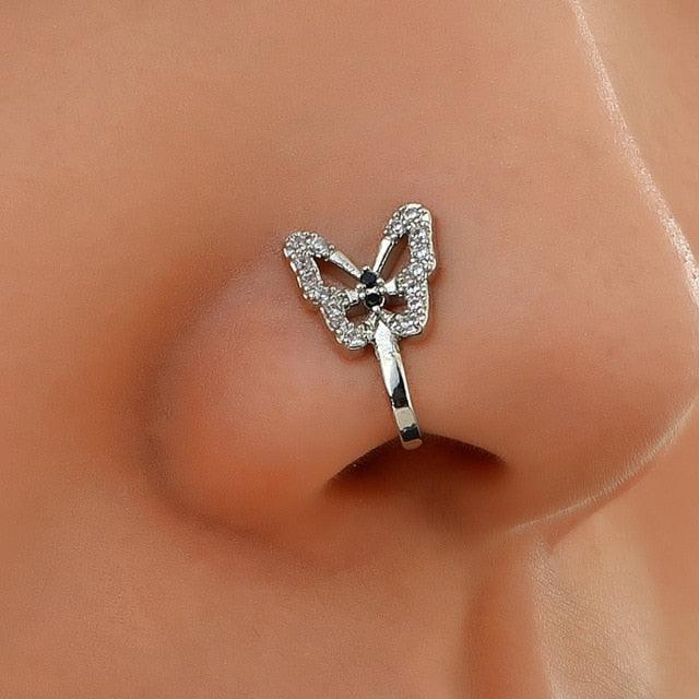1Pc Crystal Butterfly Fake Nose Ring Non Piercing Clip On Nose Ring Indian Style Nose Cuff Fake Piercing Septum Goth Butterfly Copper Wire Spiral Fake Piercing Nose Ring Punk Gold Color Clip Nose Ring Jewelry Fake Piercings Gold Fake Nose Ring for Women
