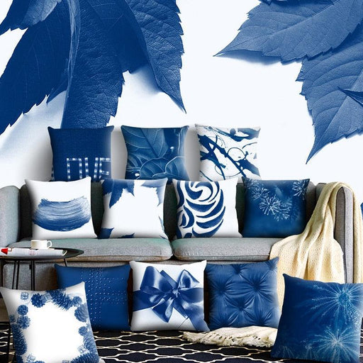 1Pcs Blue Pattern Cushion Cover Polyester Pillowcase Decorative Navy Blue White Pillow Covers Pillow Case Blue Home Bedroom Sofa Decor Pillow Cover