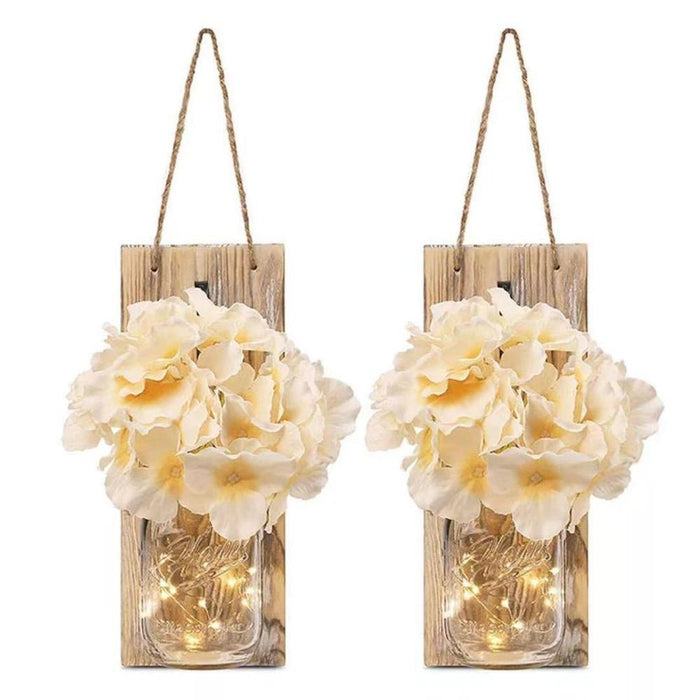 2 Pack Rustic  Jar Fairy Strip Lights Wall Decor Hydrangea Sconces Decorative Home Chic Hanging LED FlowersHanging Design with Remote Control LED Fairy Lights and White Peony, Farmhouse Kitchen Decorations Wall Home Decor Living Room Lights Set of Two