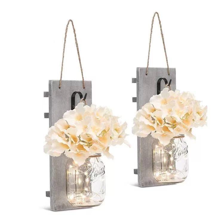 2 Pack Rustic  Jar Fairy Strip Lights Wall Decor Hydrangea Sconces Decorative Home Chic Hanging LED FlowersHanging Design with Remote Control LED Fairy Lights and White Peony, Farmhouse Kitchen Decorations Wall Home Decor Living Room Lights Set of Two
