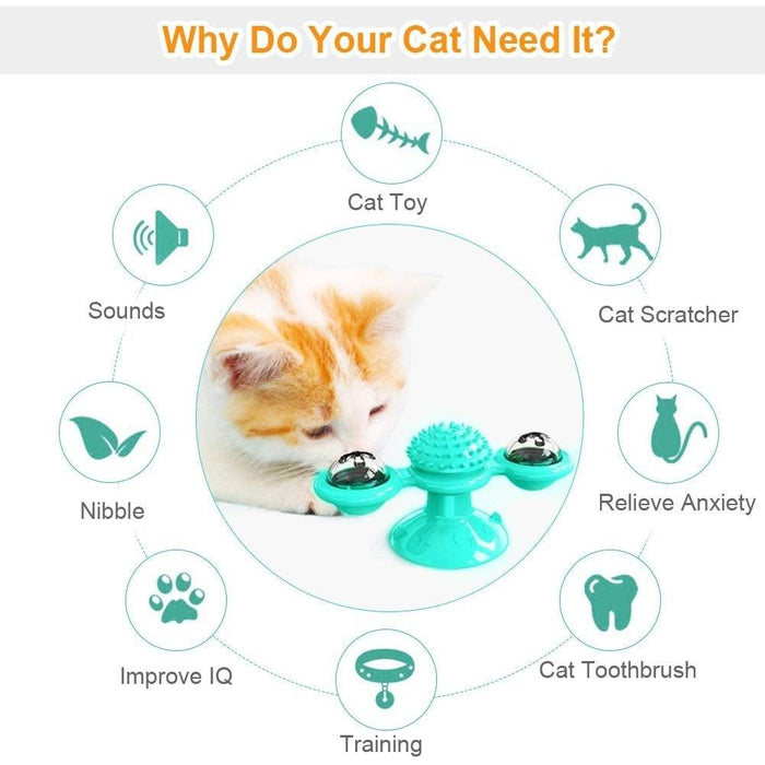 2 PCS Set Interactive Cat Toy Windmill Portable Scratch Hair Brush Grooming Shedding Massage Suction Cup Catnip Cats Puzzle Training Toy Portable Turntable Rotating Cat Toy Scratching Tickle Hair Brush