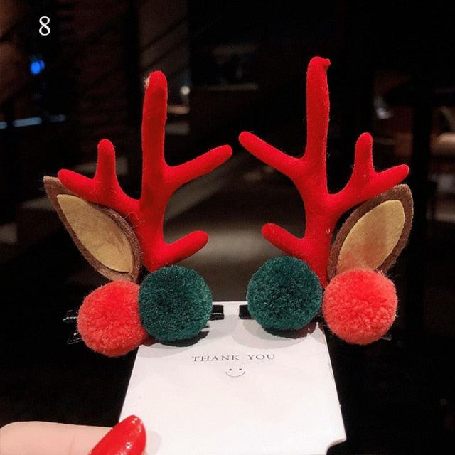 2pcs Cute Deer Ear Hairpins Christmas Hair Clips For Girls Cartoon Antlers Barrettes Lovely Pompom Hairgrips Fashion Hair Accessories For Women