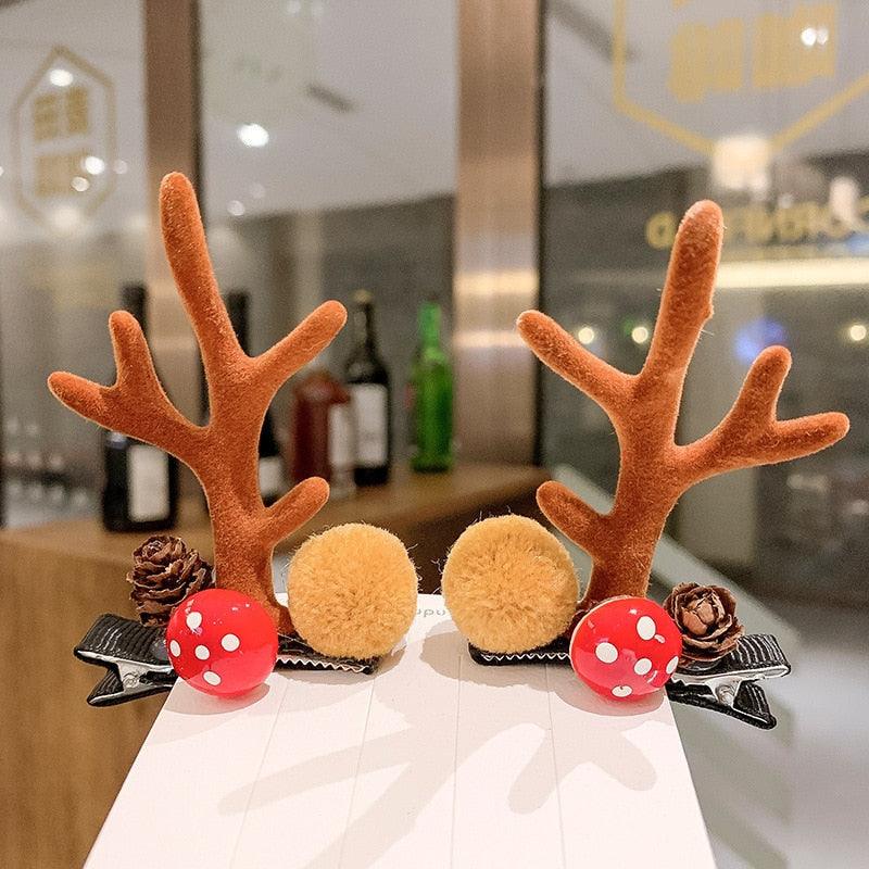 2pcs Cute Deer Ear Hairpins Christmas Hair Clips For Girls Cartoon Antlers Barrettes Lovely Pompom Hairgrips Fashion Hair Accessories For Women