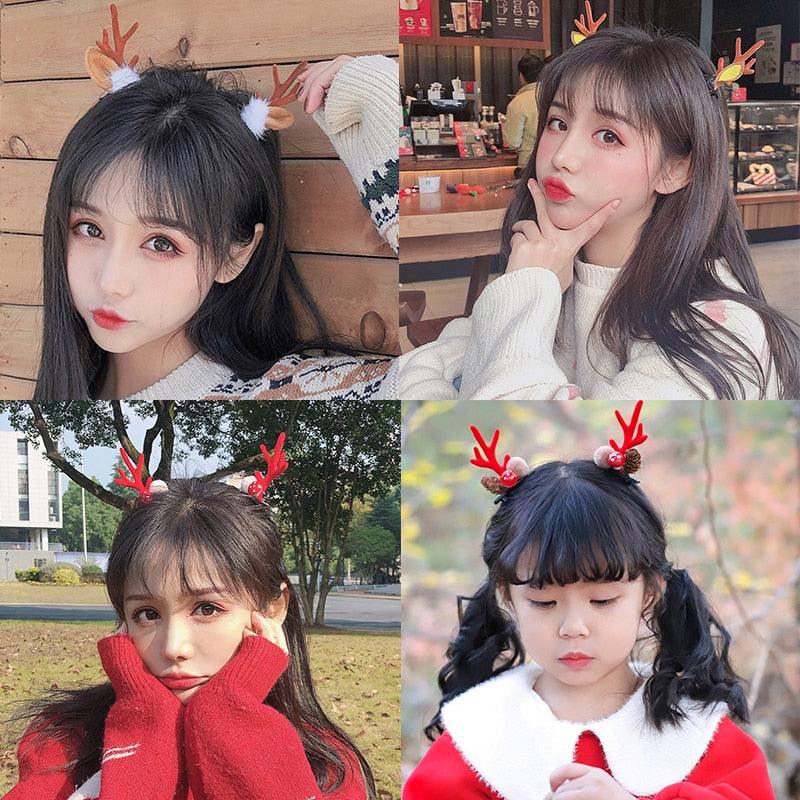 2pcs Cute Deer Ear Hairpins Christmas Hair Clips For Girls Cartoon Antlers Barrettes Lovely Pompom Hairgrips Fashion Hair Accessories For Women