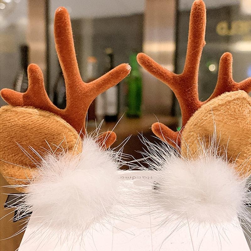 2pcs Cute Deer Ear Hairpins Christmas Hair Clips For Girls Cartoon Antlers Barrettes Lovely Pompom Hairgrips Fashion Hair Accessories For Women