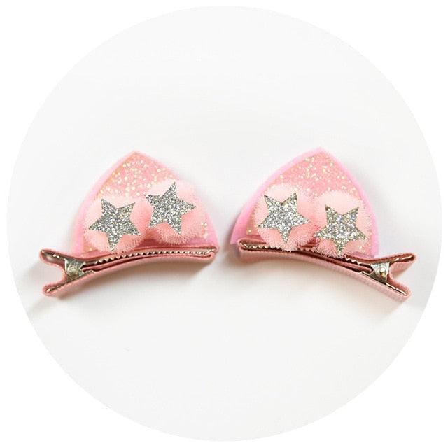2pcs/Set Cute Hair Clips For Girls Glitter Rainbow Felt Fabric Flowers Hairpins Cat Ears Bunny Barrettes Kids Hair Accessories for Halloween Parties Cosplay for Girls