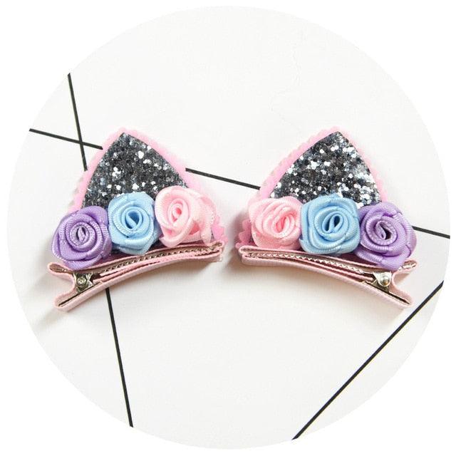 2pcs/Set Cute Hair Clips For Girls Glitter Rainbow Felt Fabric Flowers Hairpins Cat Ears Bunny Barrettes Kids Hair Accessories for Halloween Parties Cosplay for Girls