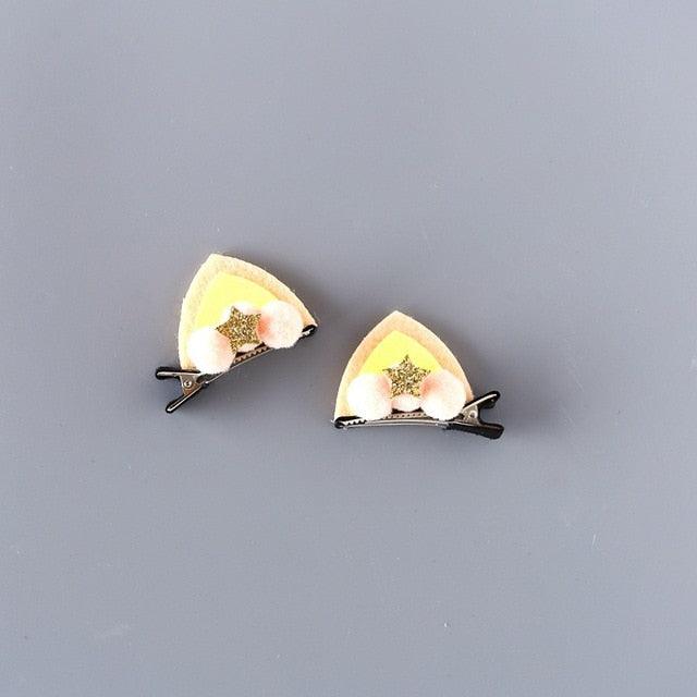 2pcs/Set Cute Hair Clips For Girls Glitter Rainbow Felt Fabric Flowers Hairpins Cat Ears Bunny Barrettes Kids Hair Accessories for Halloween Parties Cosplay for Girls