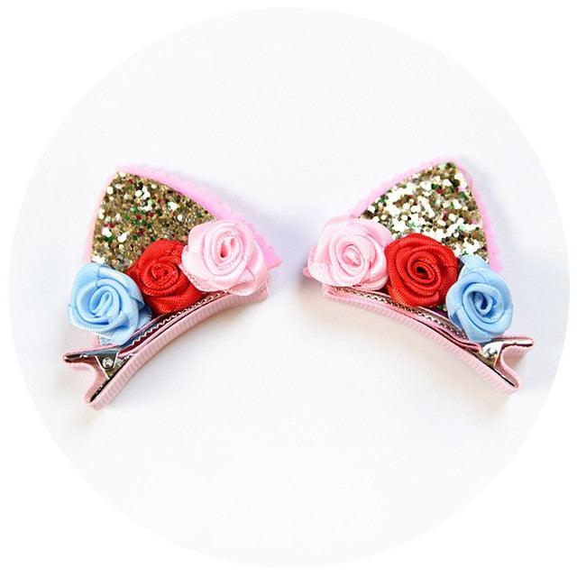 2pcs/Set Cute Hair Clips For Girls Glitter Rainbow Felt Fabric Flowers Hairpins Cat Ears Bunny Barrettes Kids Hair Accessories for Halloween Parties Cosplay for Girls