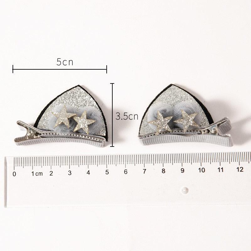 2pcs/Set Cute Hair Clips For Girls Glitter Rainbow Felt Fabric Flowers Hairpins Cat Ears Bunny Barrettes Kids Hair Accessories for Halloween Parties Cosplay for Girls