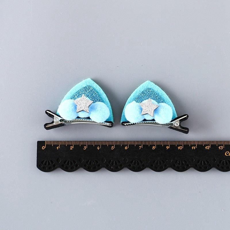 2pcs/Set Cute Hair Clips For Girls Glitter Rainbow Felt Fabric Flowers Hairpins Cat Ears Bunny Barrettes Kids Hair Accessories for Halloween Parties Cosplay for Girls