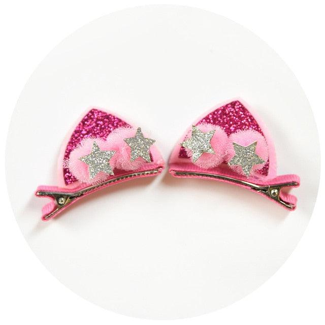 2pcs/Set Cute Hair Clips For Girls Glitter Rainbow Felt Fabric Flowers Hairpins Cat Ears Bunny Barrettes Kids Hair Accessories for Halloween Parties Cosplay for Girls