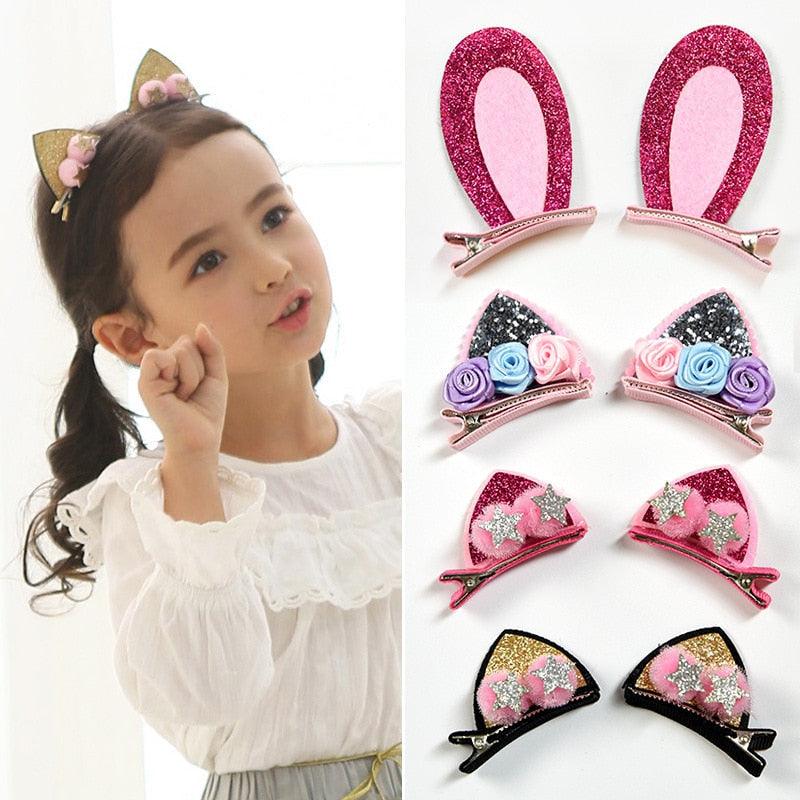 2pcs/Set Cute Hair Clips For Girls Glitter Rainbow Felt Fabric Flowers Hairpins Cat Ears Bunny Barrettes Kids Hair Accessories for Halloween Parties Cosplay for Girls