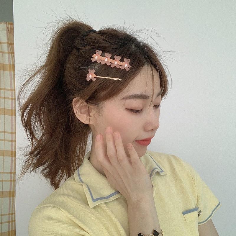 2Pcs/Set New Girls Cute Cartoon Bear Jelly Color Hairpins Sweet Hair Clips Bangs Side Barrette Headband Fashion Hair Accessories For Women