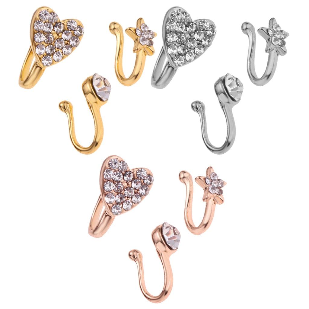 3 Pcs Fashion Nose Ring Charm Flower Heart Pentagram Crystal Metal  Fake Nose Ring Clip On Nose Ring Earrings Simple Fake Nose Rings Stainless Steel Small Thin Flower Clear Crystal Nose Ring Stud Hoop-Sparkly Crystal Nose Ring