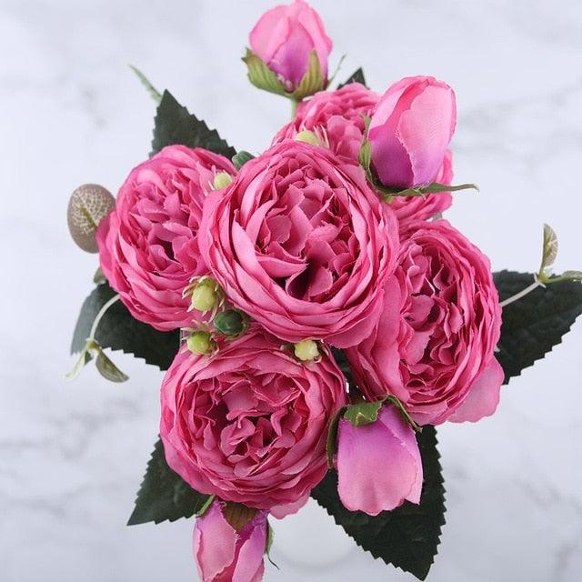 30cm Rose Pink Silk Peony Artificial Flowers Bouquet 5 Big Head and 4 Bud Bride Wedding Home Decoration Fake Flowers Vintage Artificial Peony Silk Flowers Bouquet Home Wedding Decoration