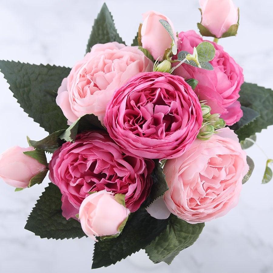 30cm Rose Pink Silk Peony Artificial Flowers Bouquet 5 Big Head and 4 Bud Bride Wedding Home Decoration Fake Flowers Vintage Artificial Peony Silk Flowers Bouquet Home Wedding Decoration