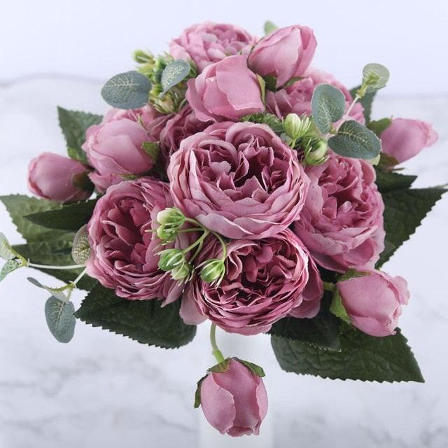 30cm Rose Pink Silk Peony Artificial Flowers Bouquet 5 Big Head and 4 Bud Bride Wedding Home Decoration Fake Flowers Vintage Artificial Peony Silk Flowers Bouquet Home Wedding Decoration