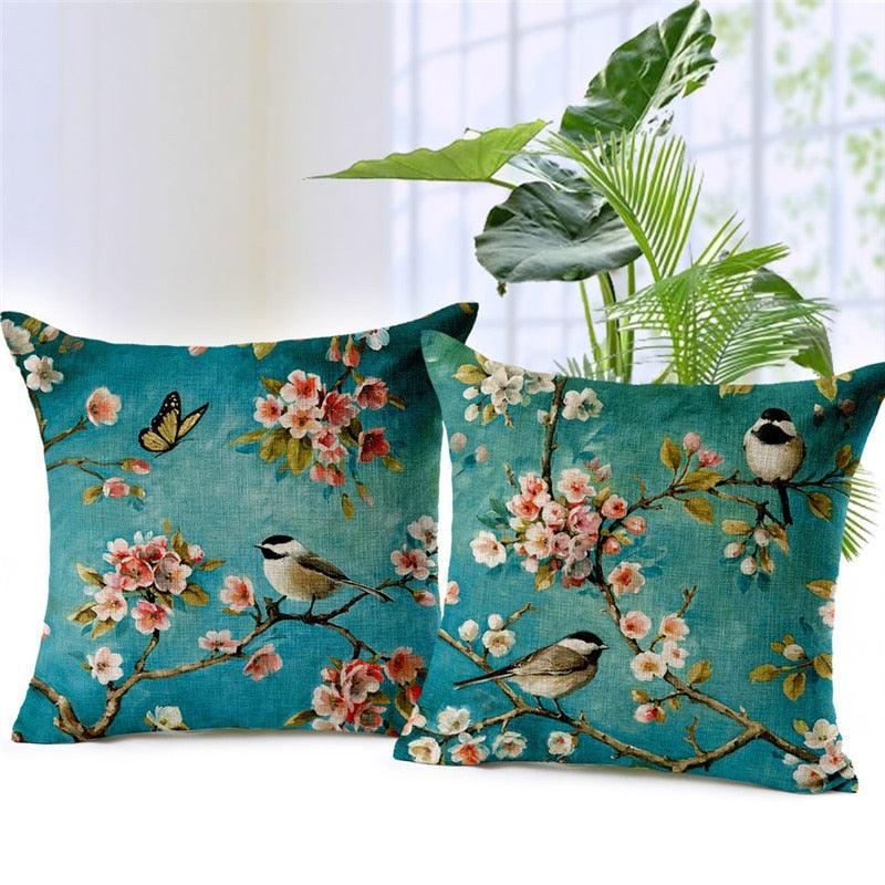 3D Printed Stylish Flowers And Birds Scenery Decorative Birds Throw Pillow Covers Outdoor Birds Cushion Covers Cotton Linen Cushion Covers Bright Colorful Pillow Case For Sofas Modern Soft Materials 45x45cm