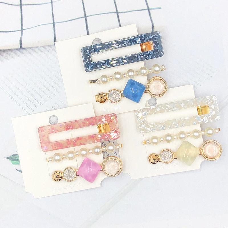 3PCS/Set Women Girls Hair Clips Square Round Pearls Hairpins Headband Barrettes Fashion Hair Clip Hairpins for Women Girls Headwear Styling Tools