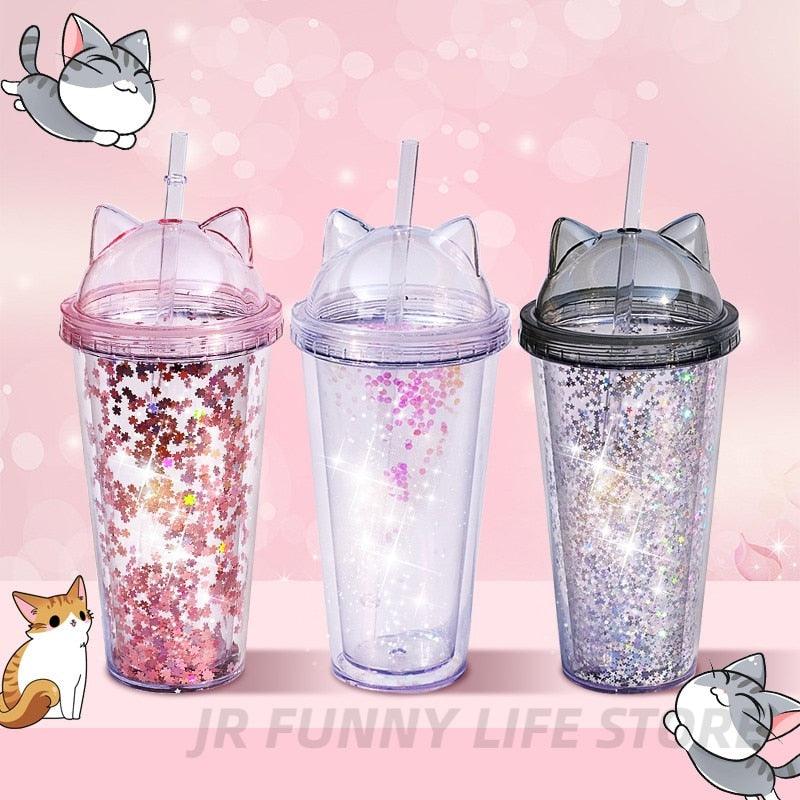 420ml Cat Ear Water Bottle For Girls With Double Wall With Straw Reusable Smoothie Cup Drinkware Cat Ear Shape Straw Cup Cute Summer Water Cup Creative Double Layer Water Bottle - My Store - - Stevvex.com