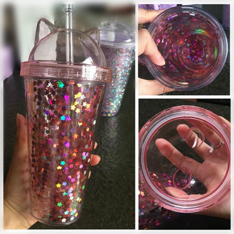 420ml Cat Ear Water Bottle For Girls With Double Wall With Straw Reusable Smoothie Cup Drinkware Cat Ear Shape Straw Cup Cute Summer Water Cup Creative Double Layer Water Bottle - My Store - - Stevvex.com