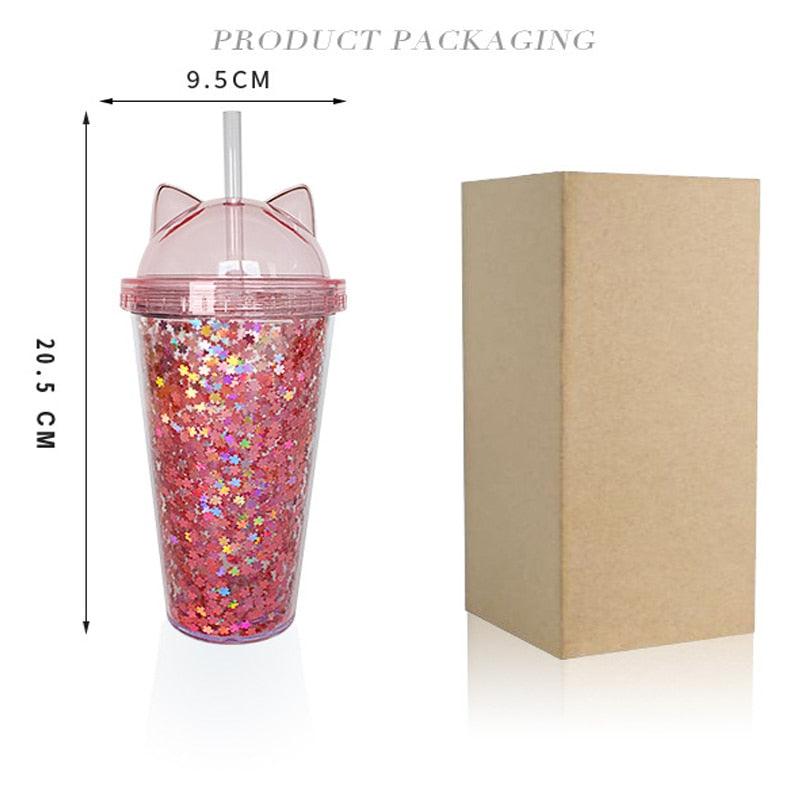 420ml Cat Ear Water Bottle For Girls With Double Wall With Straw Reusable Smoothie Cup Drinkware Cat Ear Shape Straw Cup Cute Summer Water Cup Creative Double Layer Water Bottle - My Store - - Stevvex.com