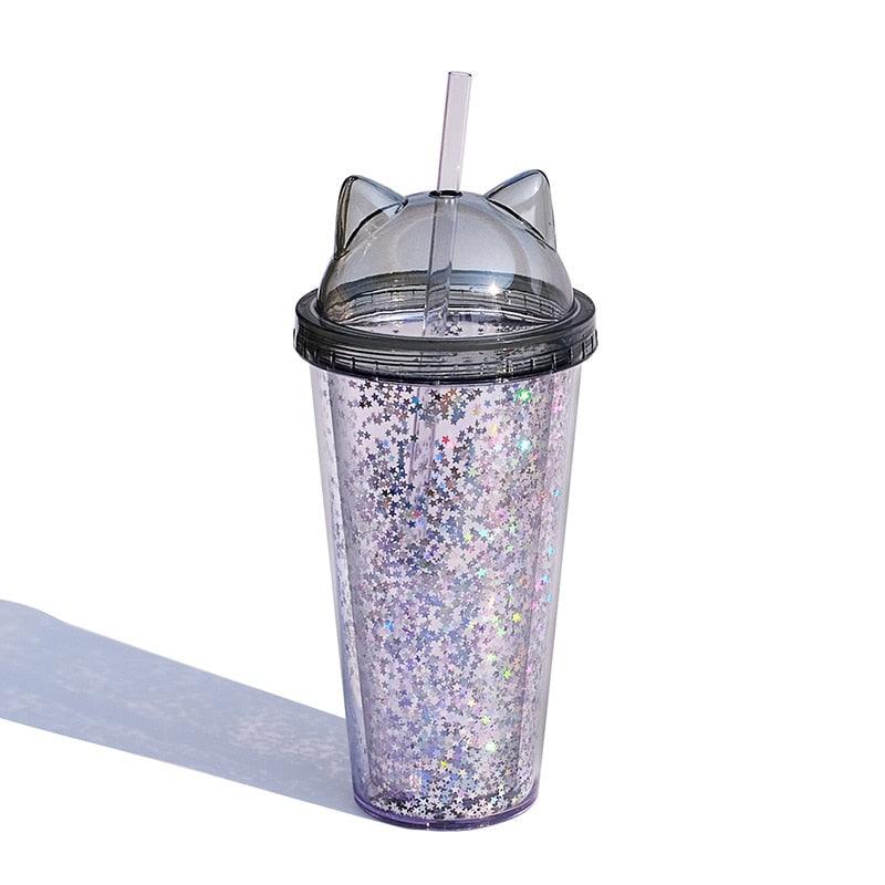 420ml Cat Ear Water Bottle For Girls With Double Wall With Straw Reusable Smoothie Cup Drinkware Cat Ear Shape Straw Cup Cute Summer Water Cup Creative Double Layer Water Bottle - My Store - - Stevvex.com