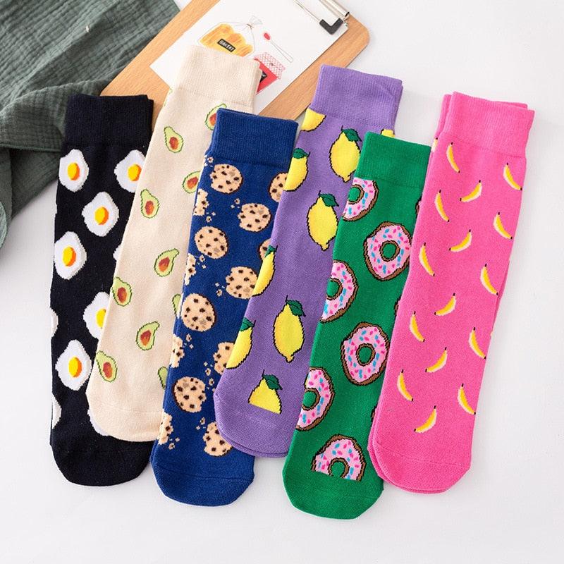 5 Pairs Women's Colorful Cotton Socks Fruits Banana Avocado Lemon Egg Cookie Donuts Food Happy Color Socks - ALLURELATION - 500, colorful socks, cotton socks, happy color socks, mens socks, Socks, socks for men, socks for women, womens cotton socks, womens socks - Stevvex.com