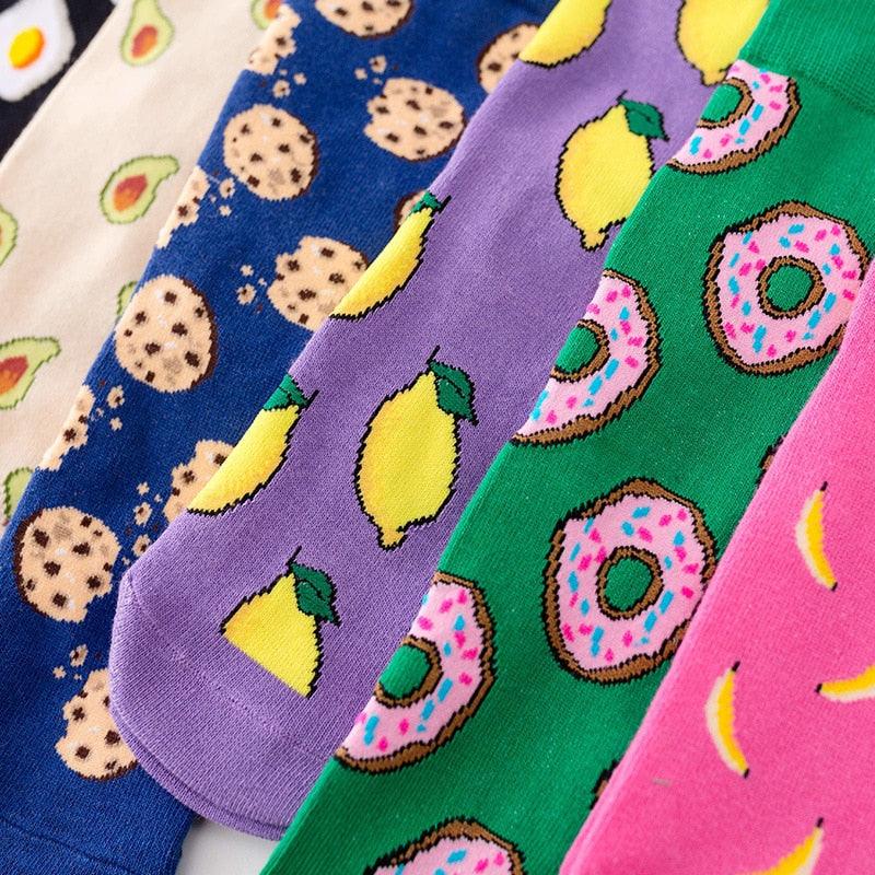 5 Pairs Women's Colorful Cotton Socks Fruits Banana Avocado Lemon Egg Cookie Donuts Food Happy Color Socks - ALLURELATION - 500, colorful socks, cotton socks, happy color socks, mens socks, Socks, socks for men, socks for women, womens cotton socks, womens socks - Stevvex.com