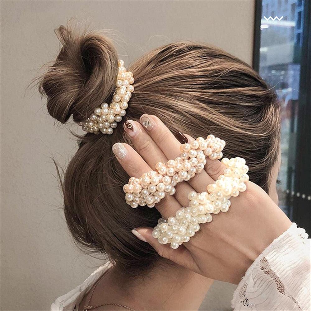 6 Colors Woman Elegant Pearl Hair Ties Beads Girls Scrunchies Rubber Bands Ponytail Holders Hair Accessories Elastic Hair Band No Metal Hairband Girls Elegant Headwear Accessories Wraps Hoop Clips